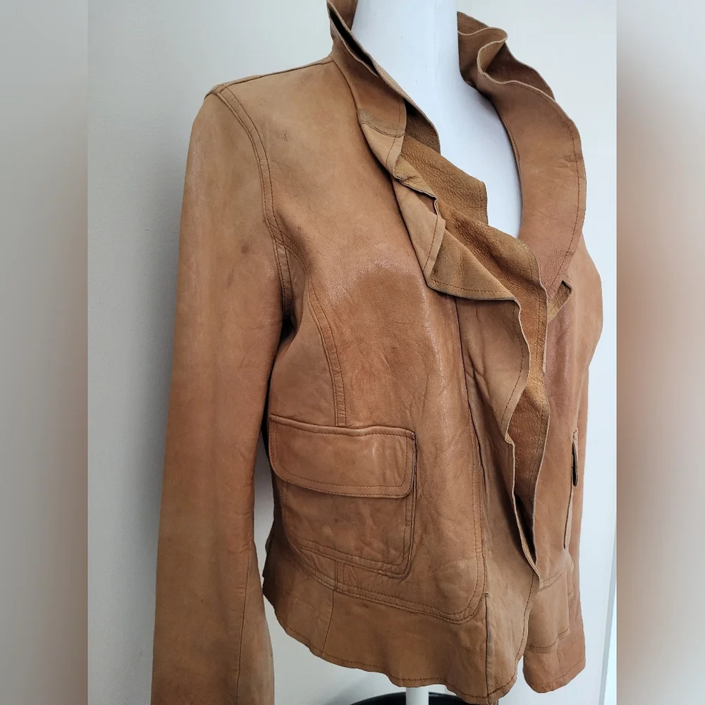 Women's Tan Ruffle Leather Jacket - Picture 4 of 14